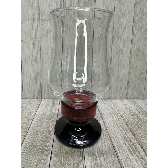 Vtg Luminarc Hurricane Candle Holder Clear Glass Chimney Ruby Red Base Box Set 2 - Picture 2 of 12